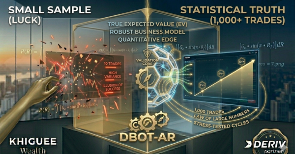 Banner showing a statistical backtesting analysis of 1,000 trades versus 10 trades, featuring the DBot-AR processing large datasets for strategy validation.