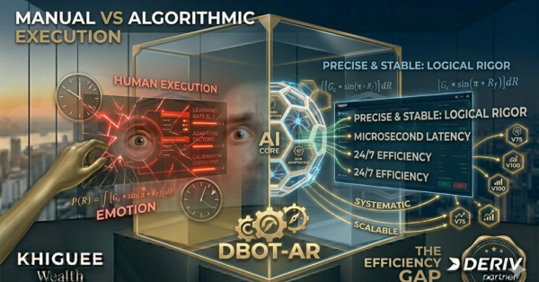 Banner comparing manual and algorithmic execution, illustrating human emotion and latency versus the precision, stability, and scalability of the Khiguee Wealth DBot-AR.