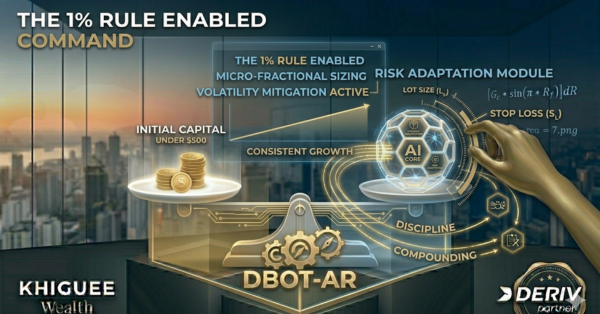 Banner illustrating professional risk management for small trading accounts under $500, showing a central scale perfectly balanced between initial capital and a sophisticated risk adaptation module. A transparent interface displays parameters like the 1% Rule, micro-fractional sizing, and dynamic volatility mitigation, ensuring a consistent growth curve. The stylized hand adjusts the settings, integrated with the DBot-AR compass icon.