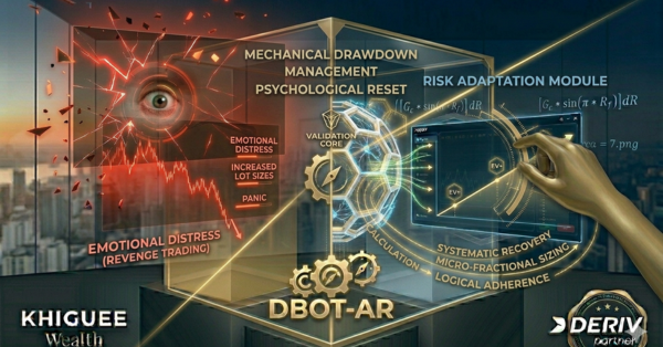 Banner representing advanced drawdown recovery for trading, featuring the DBot-AR risk adaptation module balancing emotional volatility with disciplined recovery.