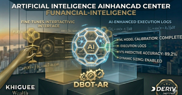 Banner showing the integration of artificial intelligence, machine learning core, and the DBot-AR dashboard of Khiguee Wealth in a corporate environment.