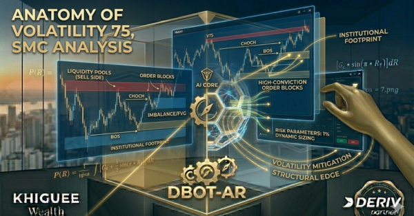 Banner illustrating a complex anatomical analysis of Volatility 75 using Smart Money Concepts (SMC). The image features a large holographic market chart with distinct zones for liquidity, order blocks, FVG, BOS, and CHOCH. The DBot-AR core is integrated, processing these structures within a high-tech corporate command center, alongside the Khiguee Wealth and Deriv Partner logos.