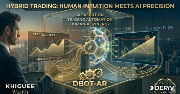 Banner illustrating hybrid trading where human strategic intuition meets AI execution precision, featuring the Khiguee Wealth DBot-AR system.
