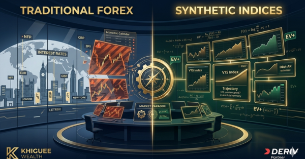 Banner comparing traditional Forex currency markets with algorithmic Synthetic Indices, showing global fiat symbols contrasted with a clean V75 chart on the DBot-AR dashboard.