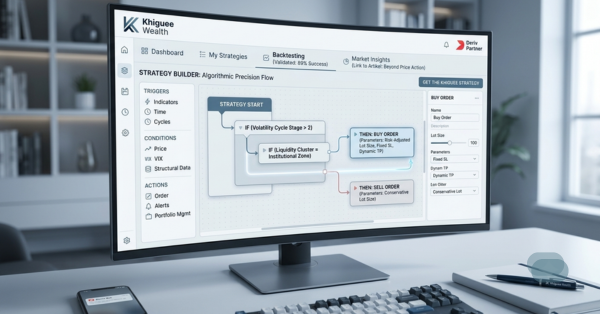 Khiguee Wealth strategy builder interface for Deriv Bots showing algorithmic precision.