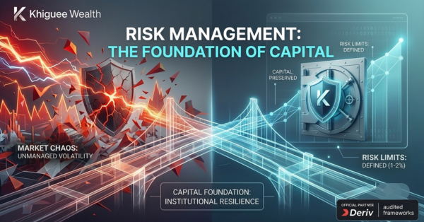 Conceptual graphic of institutional risk management by Khiguee Wealth, contrasting market chaos with capital preservation