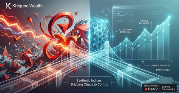 Conceptual chart by Khiguee Wealth representing the transition from market volatility to algorithmic stability in synthetic indices with Deriv