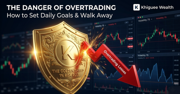 Khiguee Wealth golden shield protecting a trading account from overtrading losses on Deriv synthetic indices charts.