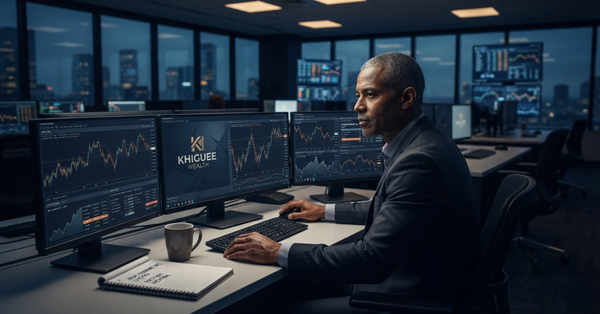 Institutional trader analyzing complex market data on multiple screens to represent mastering psychology for Khiguee Wealth.